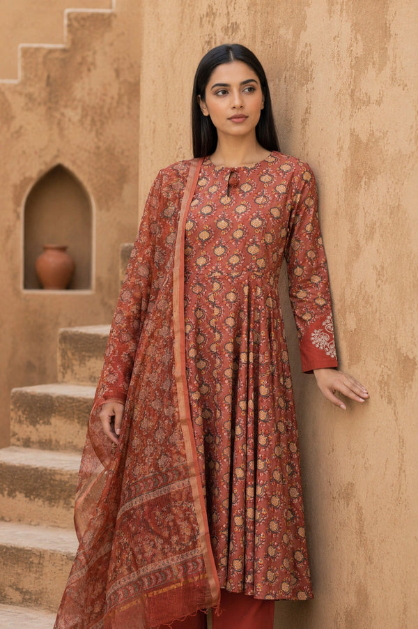 Rust Block Printed Pure Cotton Flared Kurta with Straight Pants and Dupatta Set