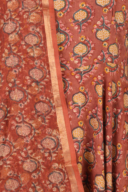 Rust Block Printed Pure Cotton Flared Kurta with Straight Pants and Dupatta Set