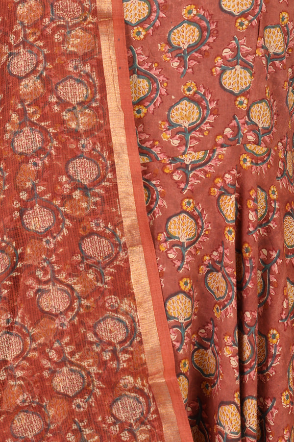 Rust Block Printed Pure Cotton Flared Kurta with Straight Pants and Dupatta Set