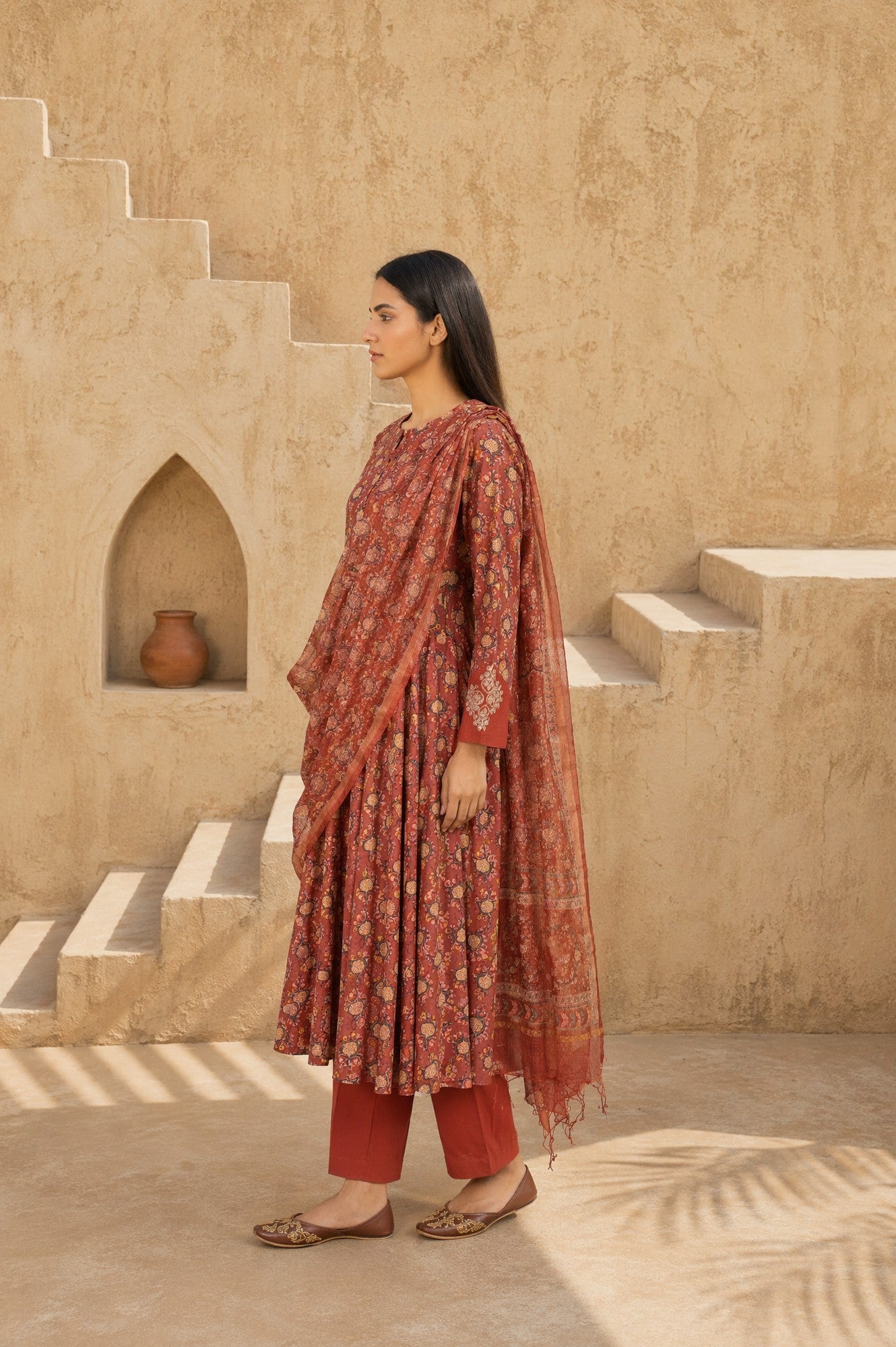 Rust Block Printed Pure Cotton Flared Kurta with Straight Pants and Dupatta Set