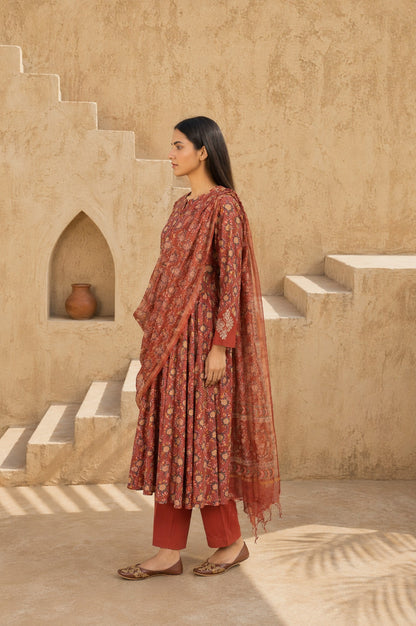 Rust Block Printed Pure Cotton Flared Kurta with Straight Pants and Dupatta Set