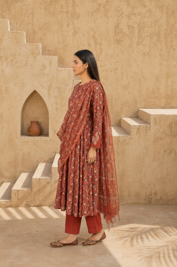 Rust Block Printed Pure Cotton Flared Kurta with Straight Pants and Dupatta Set