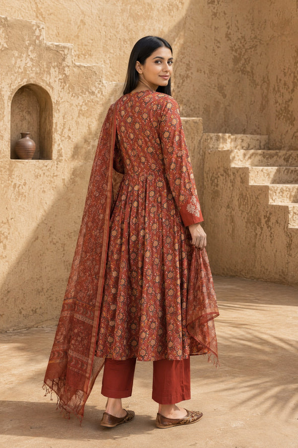 Rust Block Printed Pure Cotton Flared Kurta with Straight Pants and Dupatta Set