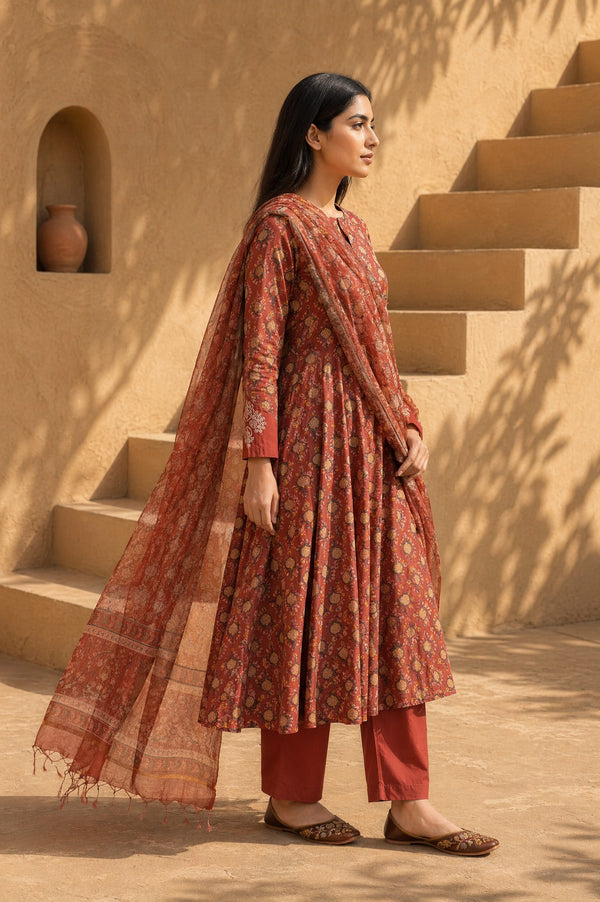 Rust Block Printed Pure Cotton Flared Kurta with Straight Pants and Dupatta Set