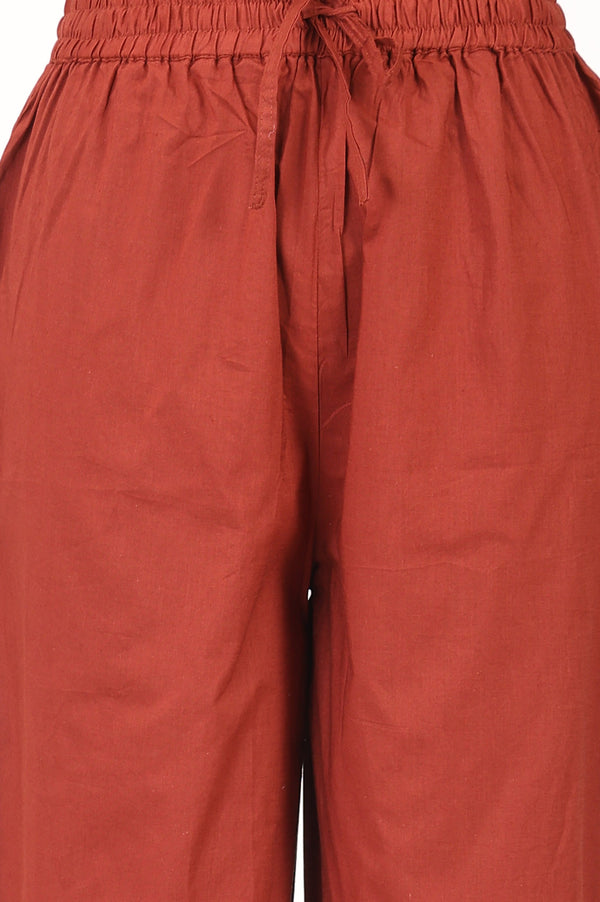 Rust Block Printed Pure Cotton Flared Kurta with Straight Pants and Dupatta Set