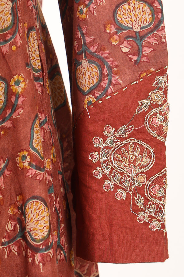 Rust Block Printed Pure Cotton Flared Kurta with Straight Pants and Dupatta Set