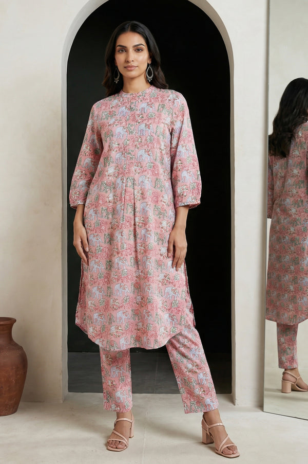 Pink Block Printed Pure Cotton Straight Kurta with Pants Set