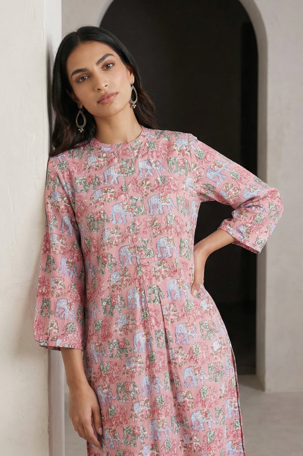 Pink Block Printed Pure Cotton Straight Kurta with Pants Set
