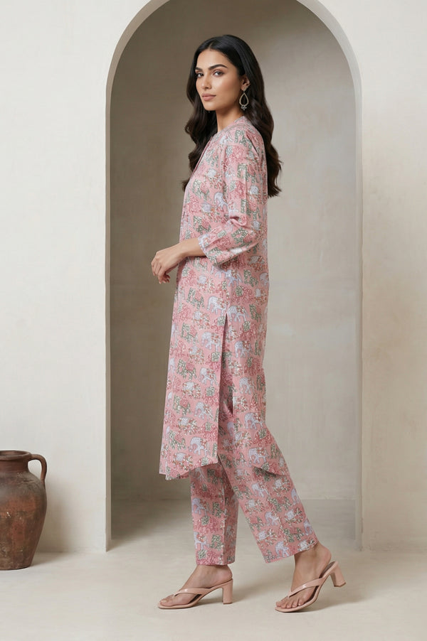 Pink Block Printed Pure Cotton Straight Kurta with Pants Set