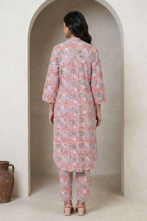Pink Block Printed Pure Cotton Straight Kurta with Pants Set