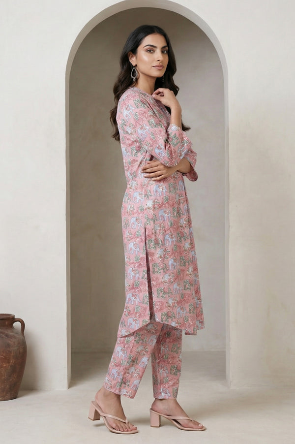 Pink Block Printed Pure Cotton Straight Kurta with Pants Set