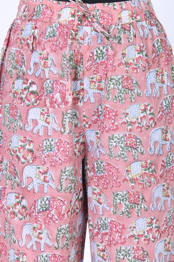 Pink Block Printed Pure Cotton Straight Kurta with Pants Set