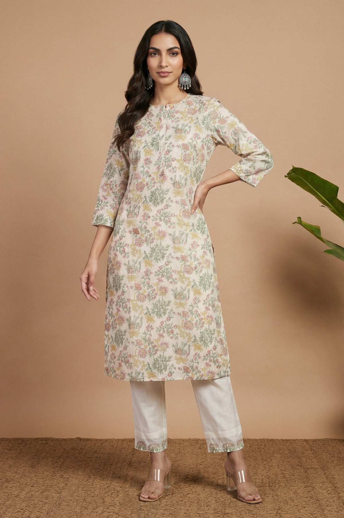 Off White Block Printed Cotton Silk Straight Kurta with Pants Co-ord Set - XS