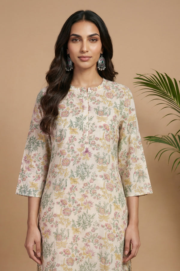 Off White Block Printed Cotton Silk Straight Kurta with Pants Co-ord Set