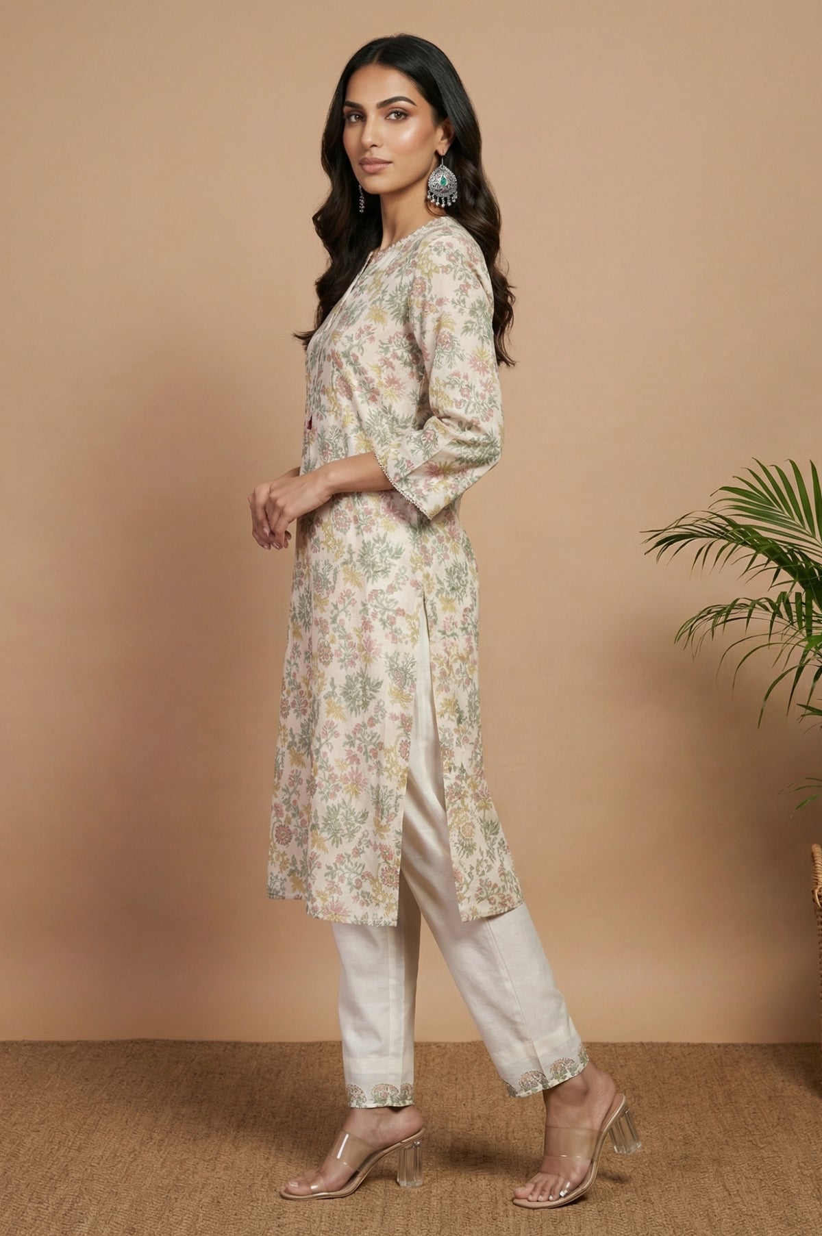 Off White Block Printed Cotton Silk Straight Kurta with Pants Co-ord Set
