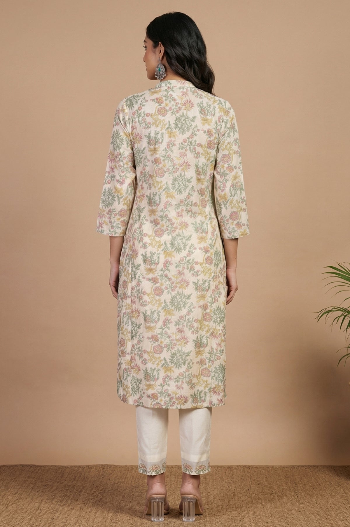 Off White Block Printed Cotton Silk Straight Kurta with Pants Co-ord Set