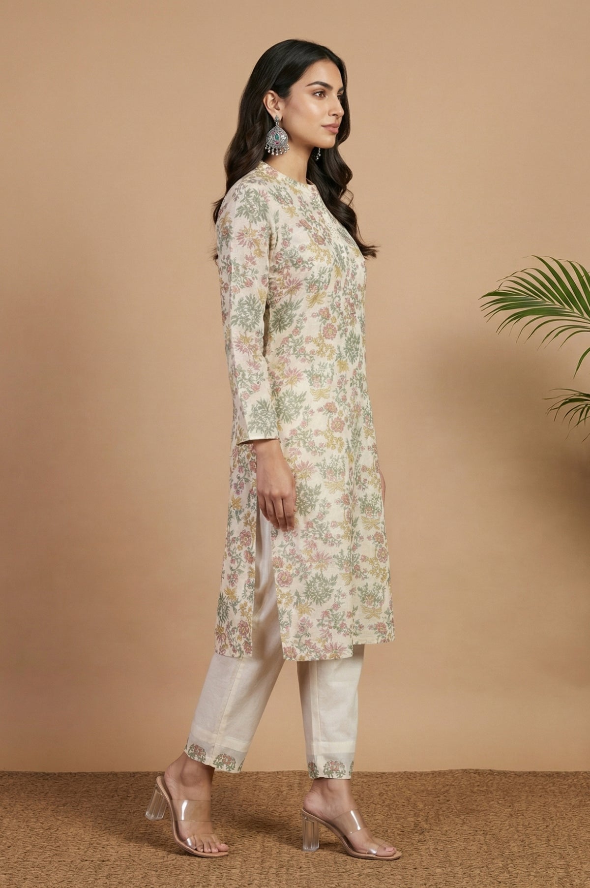 Off White Block Printed Cotton Silk Straight Kurta with Pants Co-ord Set