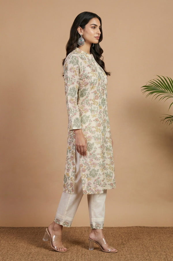 Off White Block Printed Cotton Silk Straight Kurta with Pants Co-ord Set