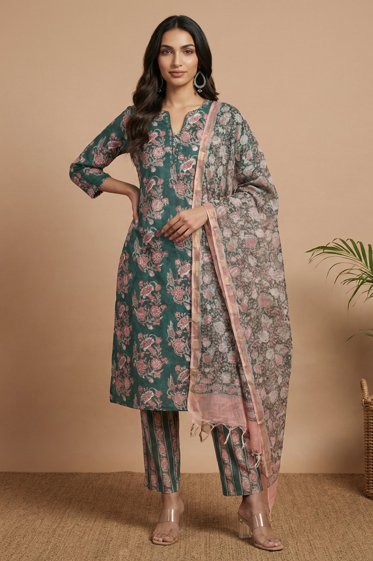 Green Block Printed Mirror Work Pure Cotton Straight Kurta with Pants and Dupatta Set