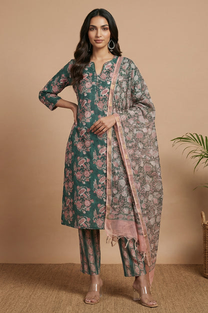 Green Block Printed Mirror Work Pure Cotton Straight Kurta with Pants and Dupatta Set