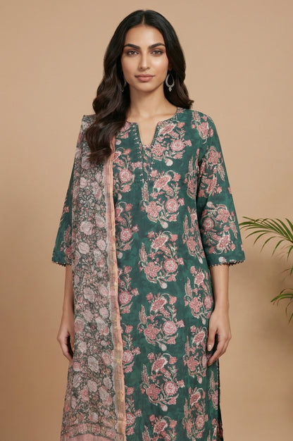 Green Block Printed Mirror Work Pure Cotton Straight Kurta with Pants and Dupatta Set