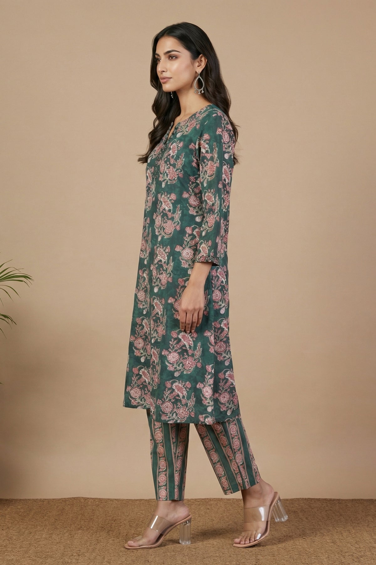 Green Block Printed Mirror Work Pure Cotton Straight Kurta with Pants and Dupatta Set