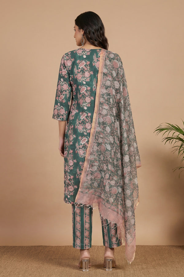Green Block Printed Mirror Work Pure Cotton Straight Kurta with Pants and Dupatta Set