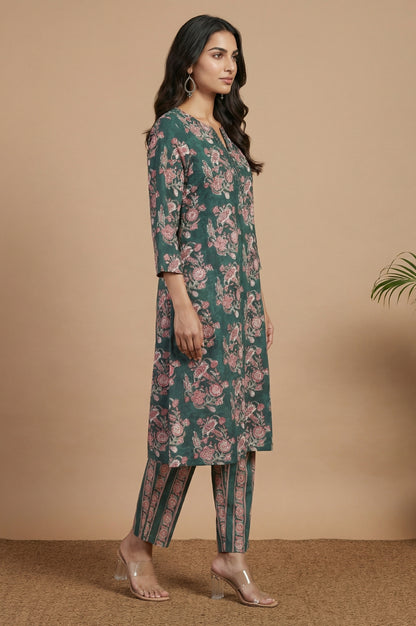 Green Block Printed Mirror Work Pure Cotton Straight Kurta with Pants and Dupatta Set