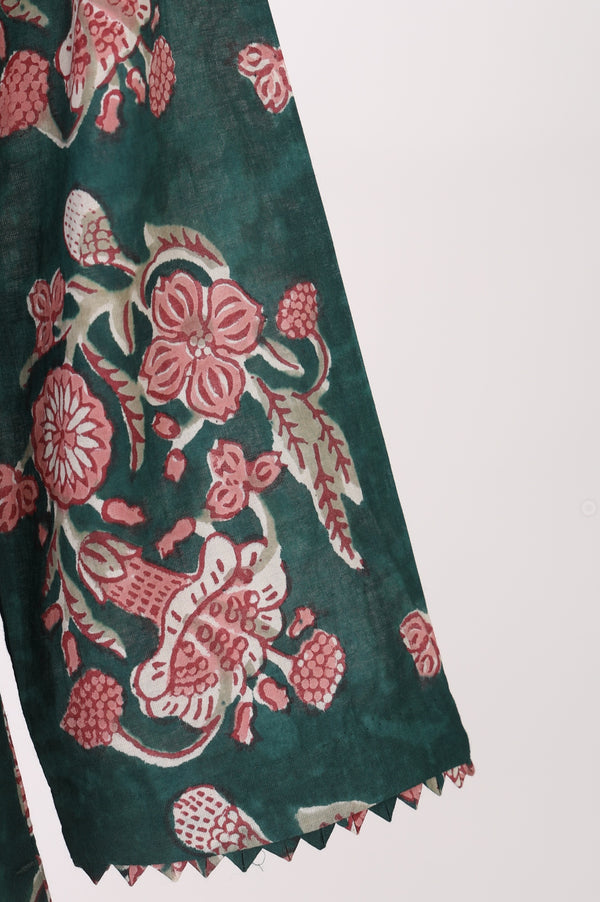 Green Block Printed Mirror Work Pure Cotton Straight Kurta with Pants and Dupatta Set