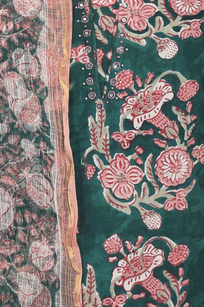 Green Block Printed Mirror Work Pure Cotton Straight Kurta with Pants and Dupatta Set