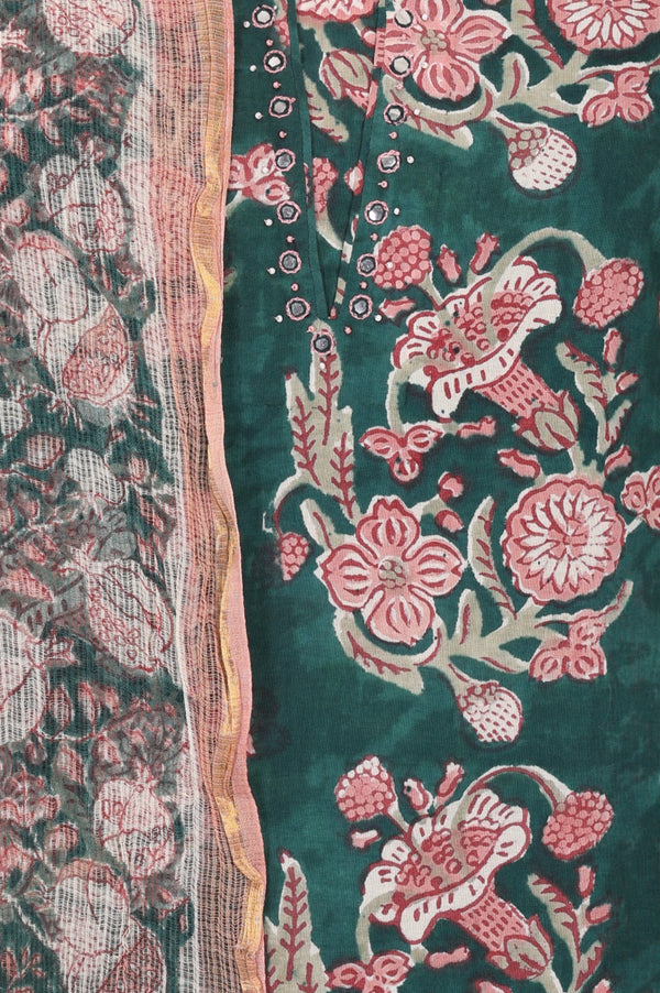 Green Block Printed Mirror Work Pure Cotton Straight Kurta with Pants and Dupatta Set