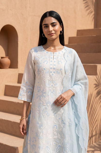 Off White Thread Embroidered Cotton Silk Straight Kurta With Pants and Dupatta Set