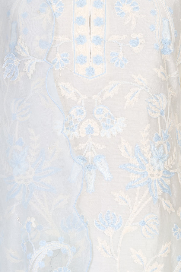 Off White Thread Embroidered Cotton Silk Straight Kurta With Pants and Dupatta Set