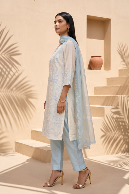 Off White Thread Embroidered Cotton Silk Straight Kurta With Pants and Dupatta Set