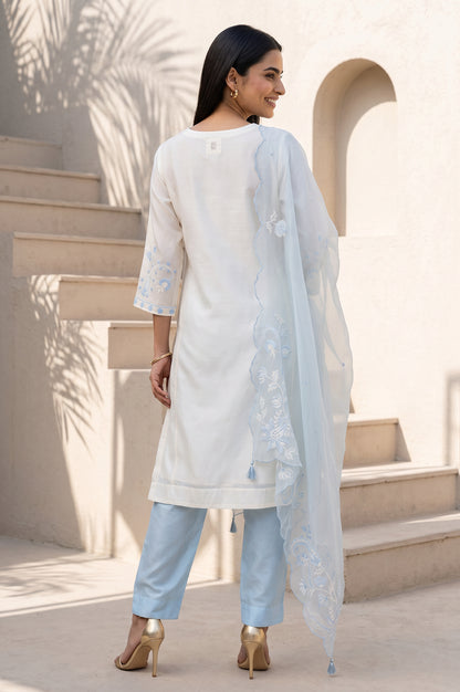 Off White Thread Embroidered Cotton Silk Straight Kurta With Pants and Dupatta Set