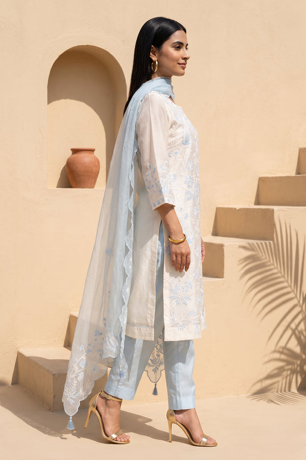 Off White Thread Embroidered Cotton Silk Straight Kurta With Pants and Dupatta Set