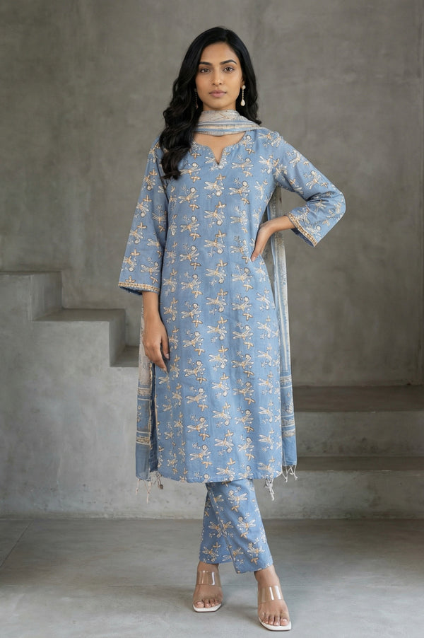 Blue Block Printed Pure Cotton Straight Kurta with Pants and Dupatta Set