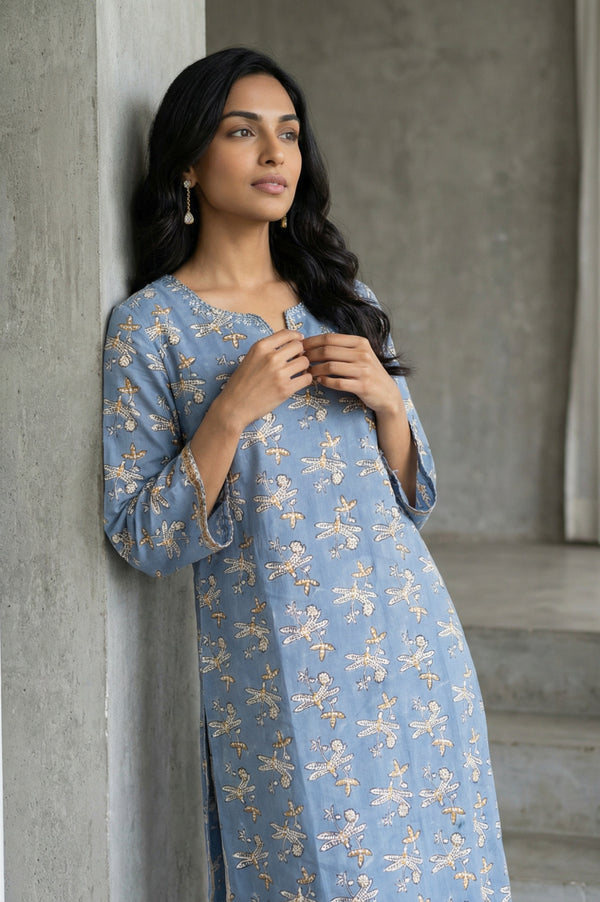 Blue Block Printed Pure Cotton Straight Kurta with Pants and Dupatta Set