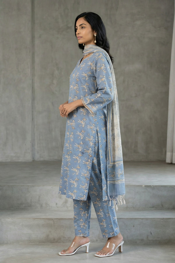 Blue Block Printed Pure Cotton Straight Kurta with Pants and Dupatta Set