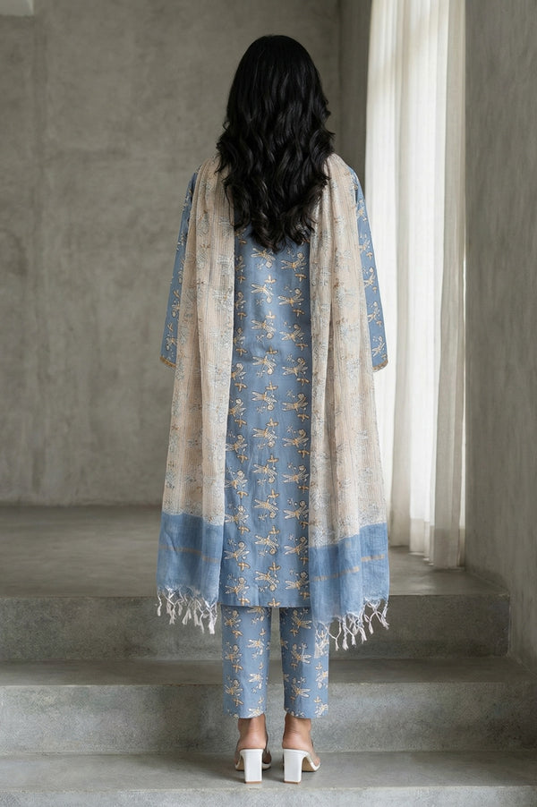 Blue Block Printed Pure Cotton Straight Kurta with Pants and Dupatta Set
