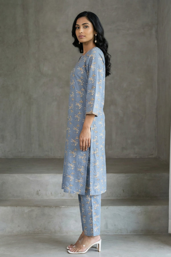 Blue Block Printed Pure Cotton Straight Kurta with Pants and Dupatta Set