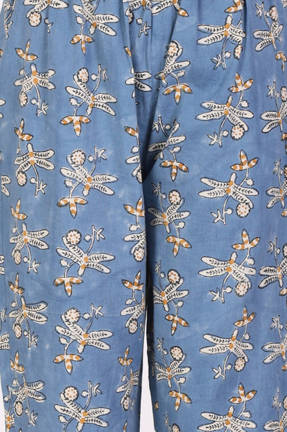 Blue Block Printed Pure Cotton Straight Kurta with Pants and Dupatta Set