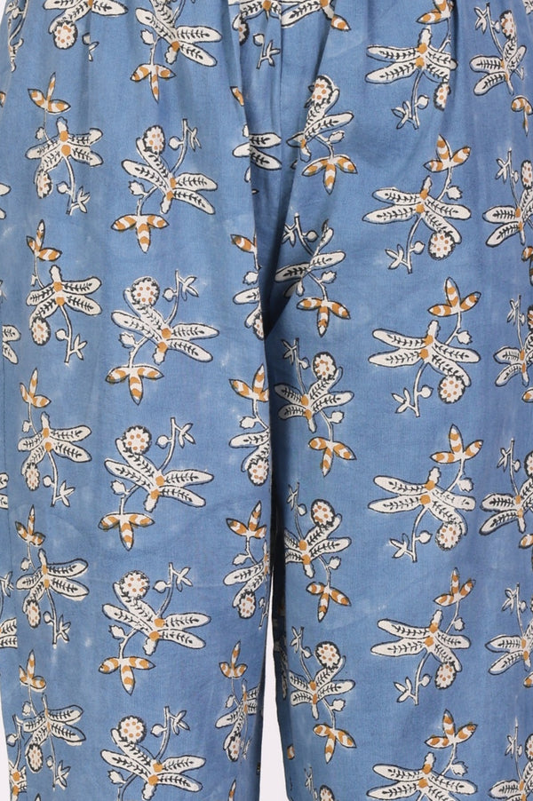 Blue Block Printed Pure Cotton Straight Kurta with Pants and Dupatta Set