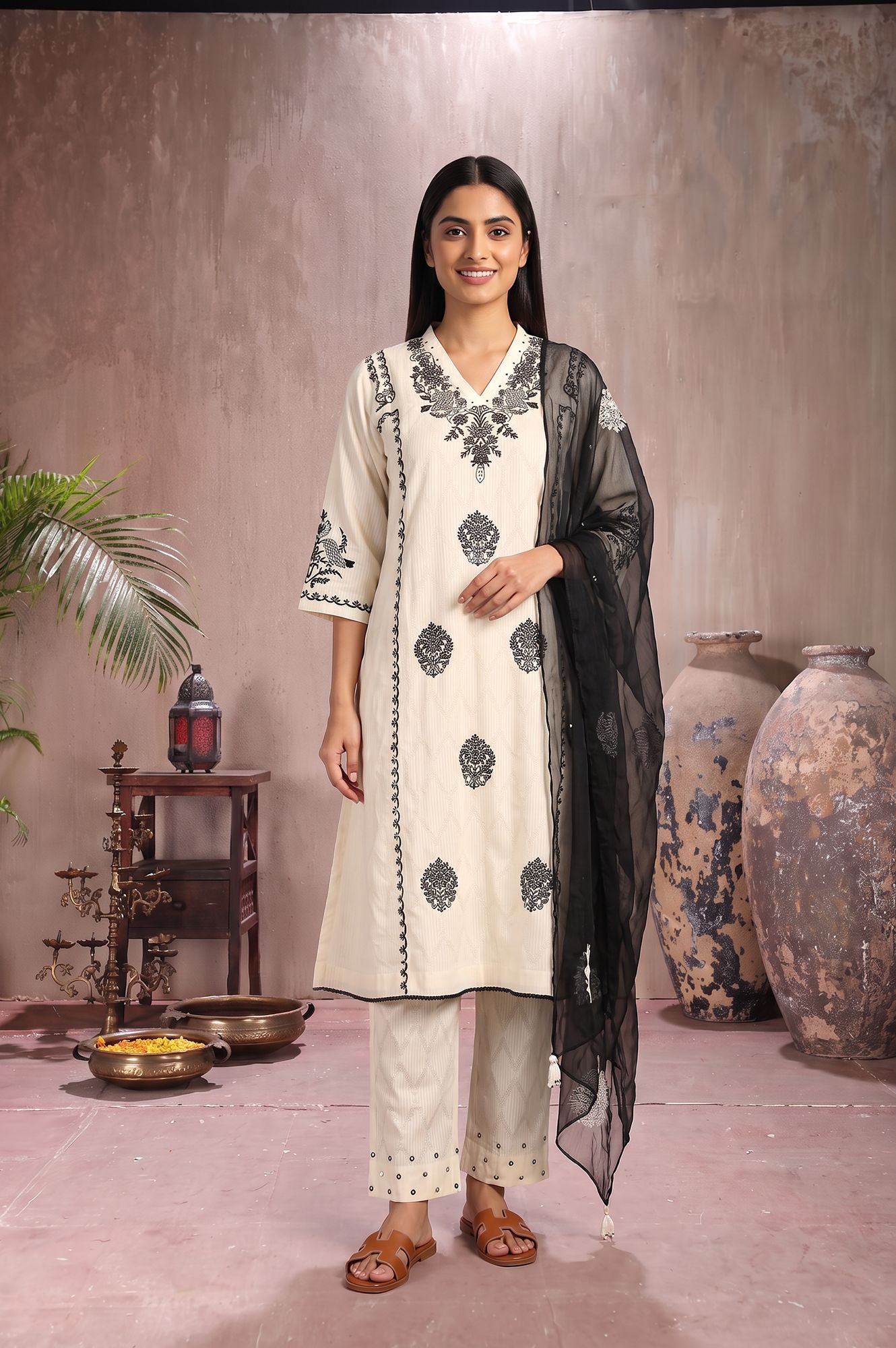 Off White Thread Embroidered Pure Cotton Flared Kurta with Pants and Dupatta Set