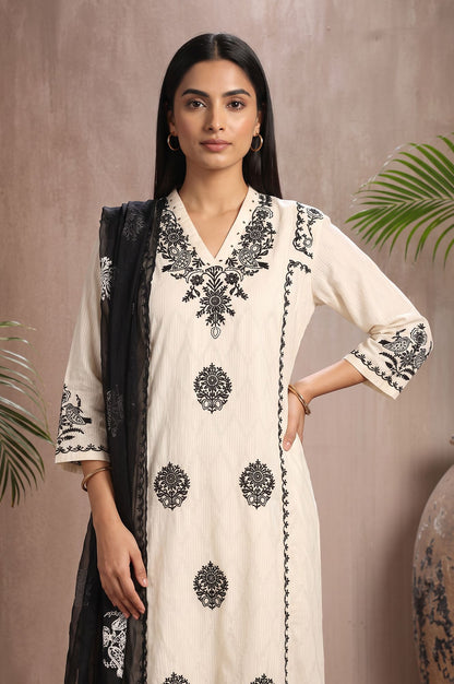 Off White Thread Embroidered Pure Cotton Flared Kurta with Pants and Dupatta Set