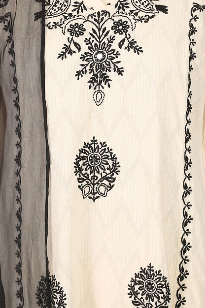 Off White Thread Embroidered Pure Cotton Flared Kurta with Pants and Dupatta Set