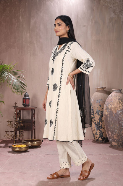 Off White Thread Embroidered Pure Cotton Flared Kurta with Pants and Dupatta Set