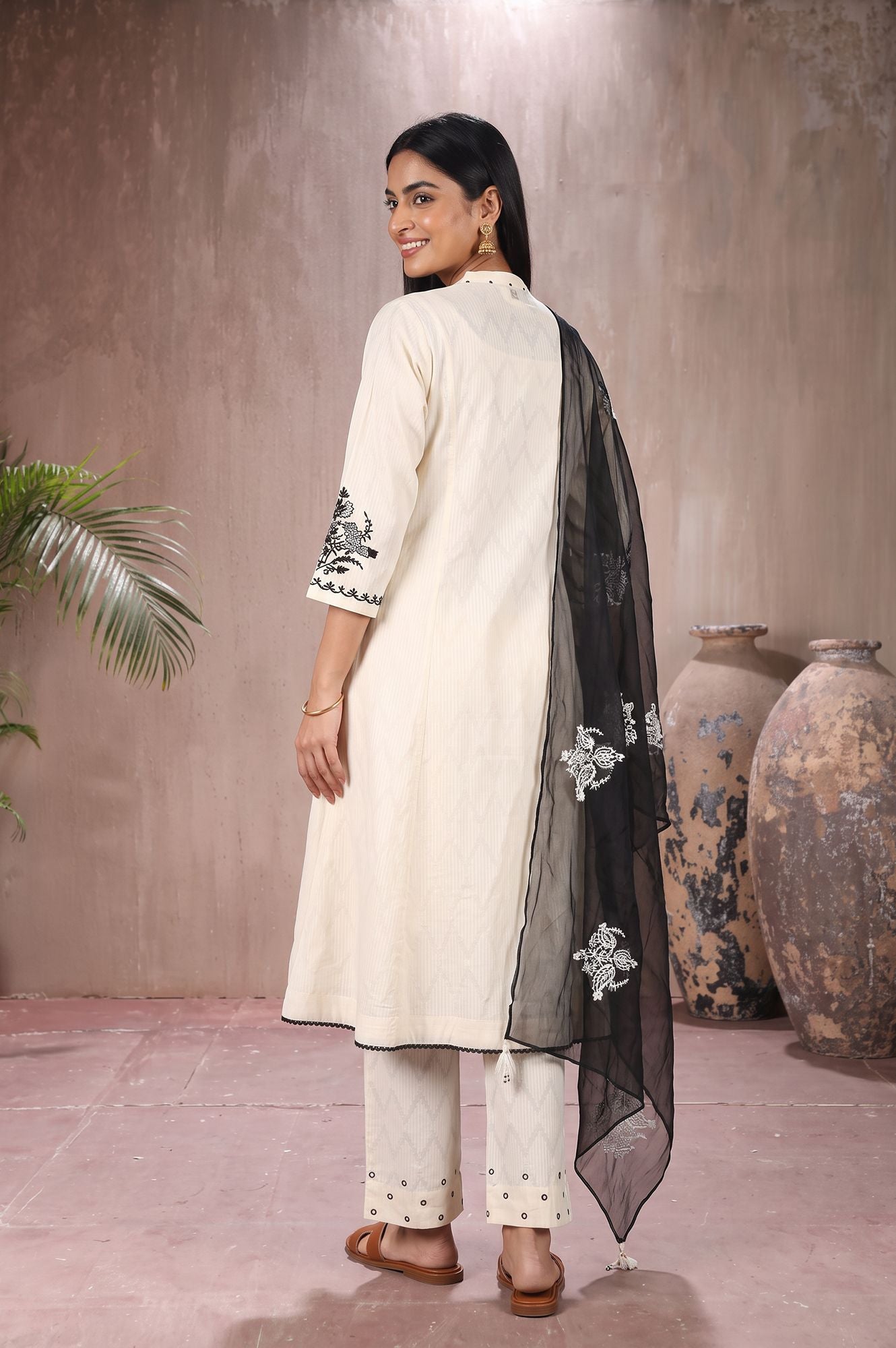 Off White Thread Embroidered Pure Cotton Flared Kurta with Pants and Dupatta Set