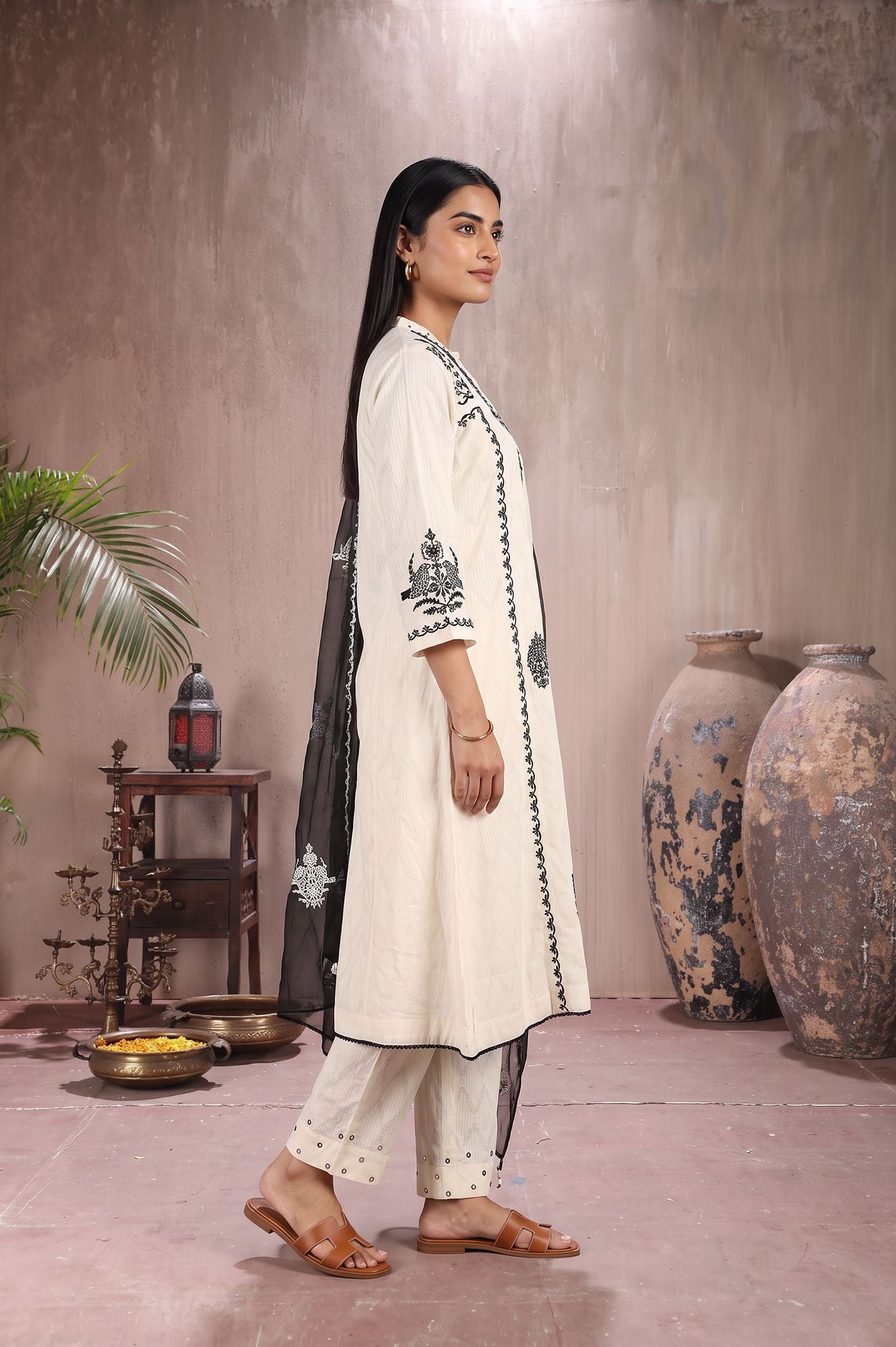 Off White Thread Embroidered Pure Cotton Flared Kurta with Pants and Dupatta Set