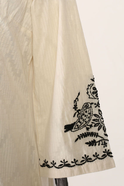 Off White Thread Embroidered Pure Cotton Flared Kurta with Pants and Dupatta Set
